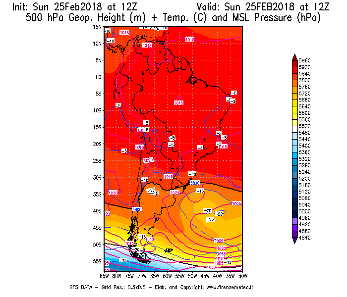 Mappa di analisi GFS - Geopotenziale [m] + Temp. [°C] a 500 hPa + Press. a livello del mare [hPa] in Sud-America
									del 25/02/2018 12 <!--googleoff: index-->UTC<!--googleon: index-->