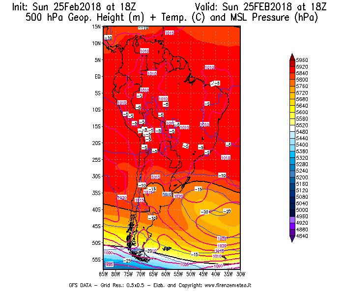 Mappa di analisi GFS - Geopotenziale [m] + Temp. [°C] a 500 hPa + Press. a livello del mare [hPa] in Sud-America
									del 25/02/2018 18 <!--googleoff: index-->UTC<!--googleon: index-->