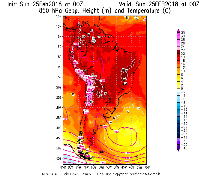 Mappa di analisi GFS - Geopotenziale [m] e Temperatura [°C] a 850 hPa in Sud-America
									del 25/02/2018 00 <!--googleoff: index-->UTC<!--googleon: index-->