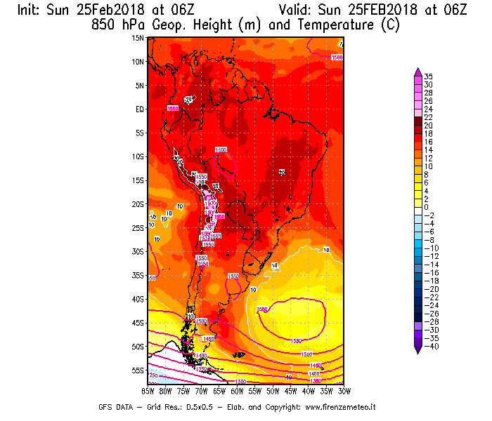 Mappa di analisi GFS - Geopotenziale [m] e Temperatura [°C] a 850 hPa in Sud-America
									del 25/02/2018 06 <!--googleoff: index-->UTC<!--googleon: index-->