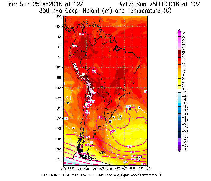 Mappa di analisi GFS - Geopotenziale [m] e Temperatura [°C] a 850 hPa in Sud-America
									del 25/02/2018 12 <!--googleoff: index-->UTC<!--googleon: index-->