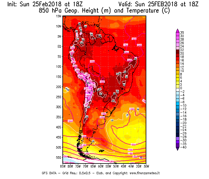 Mappa di analisi GFS - Geopotenziale [m] e Temperatura [°C] a 850 hPa in Sud-America
									del 25/02/2018 18 <!--googleoff: index-->UTC<!--googleon: index-->
