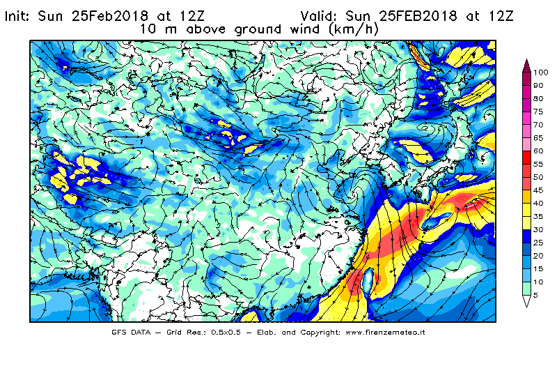 Mappa di analisi GFS - Velocità del vento a 10 metri dal suolo [km/h] in Asia Orientale
									del 25/02/2018 12 <!--googleoff: index-->UTC<!--googleon: index-->