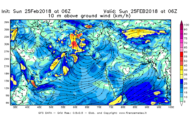 Mappa di analisi GFS - Velocità del vento a 10 metri dal suolo [km/h] in Asia Sud-Occidentale
									del 25/02/2018 06 <!--googleoff: index-->UTC<!--googleon: index-->