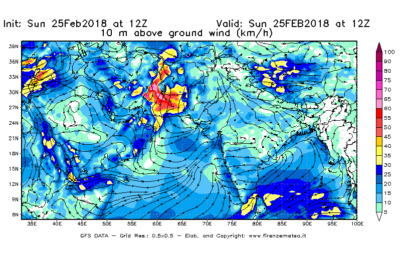 Mappa di analisi GFS - Velocità del vento a 10 metri dal suolo [km/h] in Asia Sud-Occidentale
									del 25/02/2018 12 <!--googleoff: index-->UTC<!--googleon: index-->