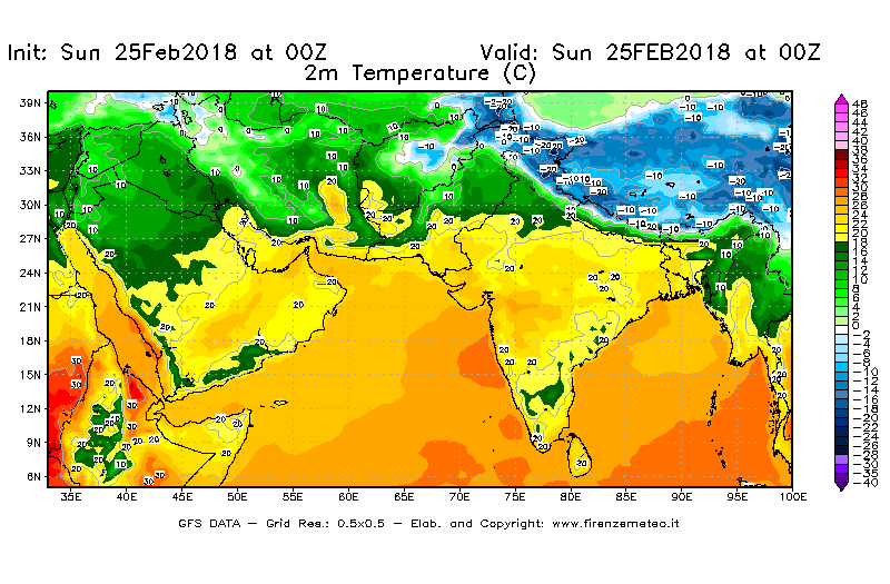 Mappa di analisi GFS - Temperatura a 2 metri dal suolo [°C] in Asia Sud-Occidentale
									del 25/02/2018 00 <!--googleoff: index-->UTC<!--googleon: index-->