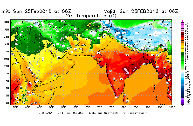 Mappa di analisi GFS - Temperatura a 2 metri dal suolo [°C] in Asia Sud-Occidentale
									del 25/02/2018 06 <!--googleoff: index-->UTC<!--googleon: index-->