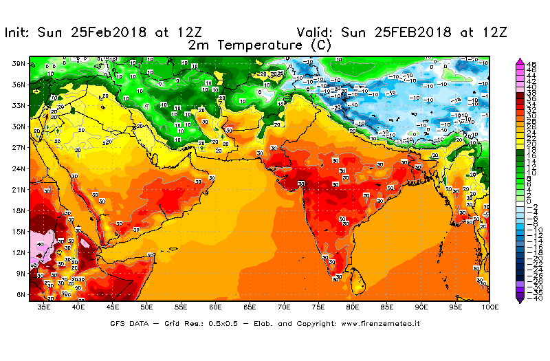 Mappa di analisi GFS - Temperatura a 2 metri dal suolo [°C] in Asia Sud-Occidentale
									del 25/02/2018 12 <!--googleoff: index-->UTC<!--googleon: index-->