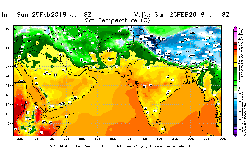 Mappa di analisi GFS - Temperatura a 2 metri dal suolo [°C] in Asia Sud-Occidentale
									del 25/02/2018 18 <!--googleoff: index-->UTC<!--googleon: index-->