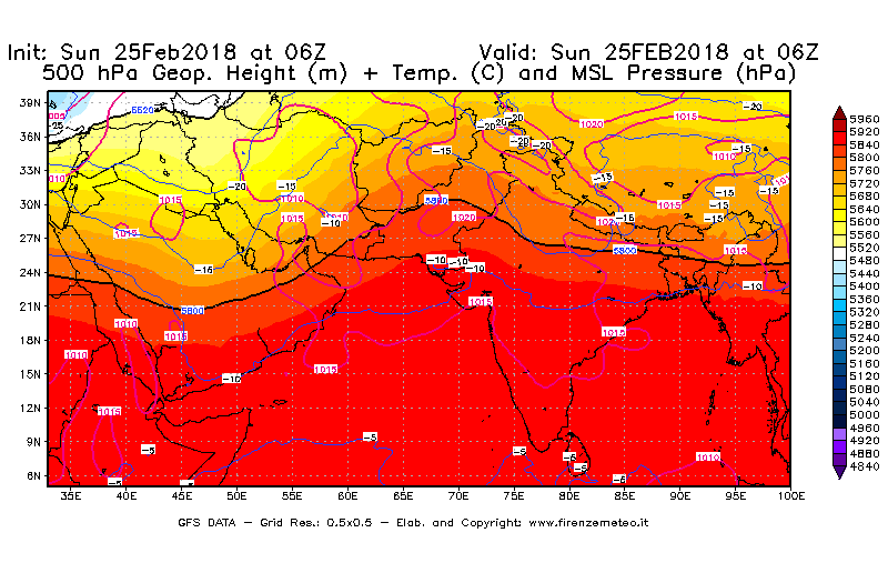 Mappa di analisi GFS - Geopotenziale [m] + Temp. [°C] a 500 hPa + Press. a livello del mare [hPa] in Asia Sud-Occidentale
									del 25/02/2018 06 <!--googleoff: index-->UTC<!--googleon: index-->