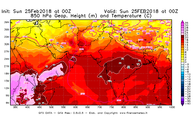 Mappa di analisi GFS - Geopotenziale [m] e Temperatura [°C] a 850 hPa in Asia Sud-Occidentale
									del 25/02/2018 00 <!--googleoff: index-->UTC<!--googleon: index-->