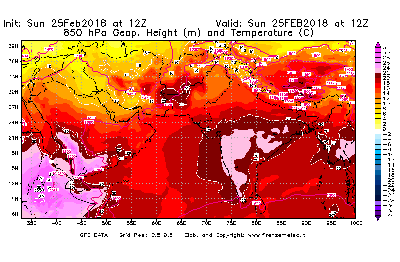 Mappa di analisi GFS - Geopotenziale [m] e Temperatura [°C] a 850 hPa in Asia Sud-Occidentale
									del 25/02/2018 12 <!--googleoff: index-->UTC<!--googleon: index-->