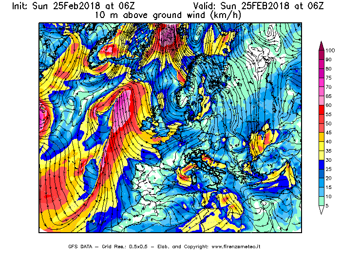 Mappa di analisi GFS - Velocità del vento a 10 metri dal suolo [km/h] in Europa
									del 25/02/2018 06 <!--googleoff: index-->UTC<!--googleon: index-->