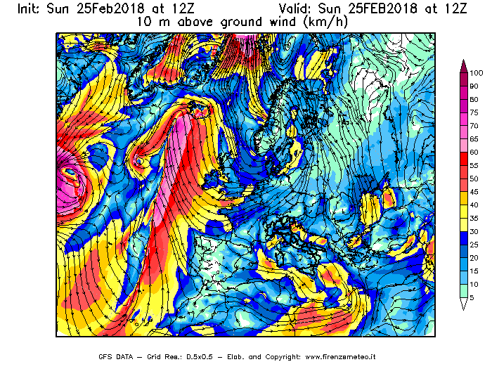 Mappa di analisi GFS - Velocità del vento a 10 metri dal suolo [km/h] in Europa
									del 25/02/2018 12 <!--googleoff: index-->UTC<!--googleon: index-->
