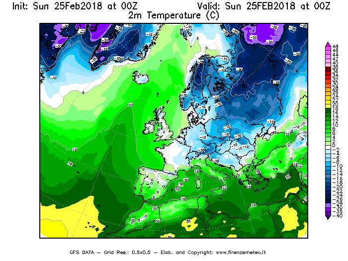 Mappa di analisi GFS - Temperatura a 2 metri dal suolo [°C] in Europa
									del 25/02/2018 00 <!--googleoff: index-->UTC<!--googleon: index-->