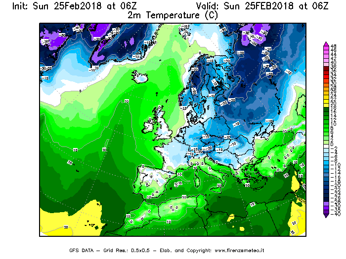 Mappa di analisi GFS - Temperatura a 2 metri dal suolo [°C] in Europa
									del 25/02/2018 06 <!--googleoff: index-->UTC<!--googleon: index-->