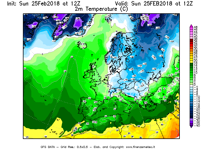 Mappa di analisi GFS - Temperatura a 2 metri dal suolo [°C] in Europa
									del 25/02/2018 12 <!--googleoff: index-->UTC<!--googleon: index-->