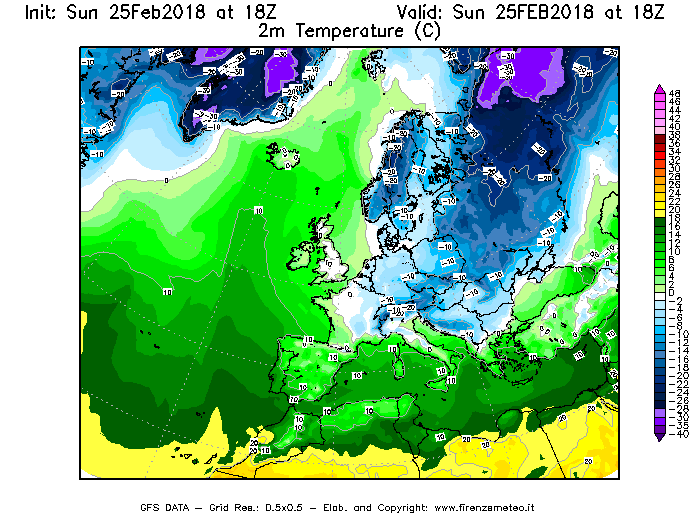 Mappa di analisi GFS - Temperatura a 2 metri dal suolo [°C] in Europa
									del 25/02/2018 18 <!--googleoff: index-->UTC<!--googleon: index-->