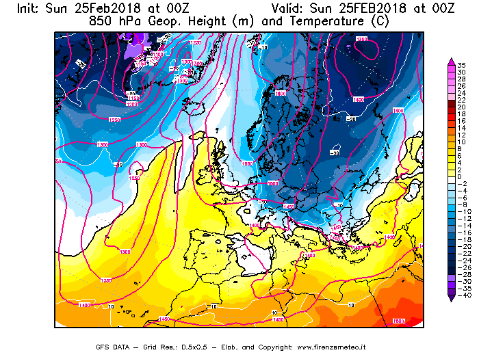 Mappa di analisi GFS - Geopotenziale [m] e Temperatura [°C] a 850 hPa in Europa
									del 25/02/2018 00 <!--googleoff: index-->UTC<!--googleon: index-->