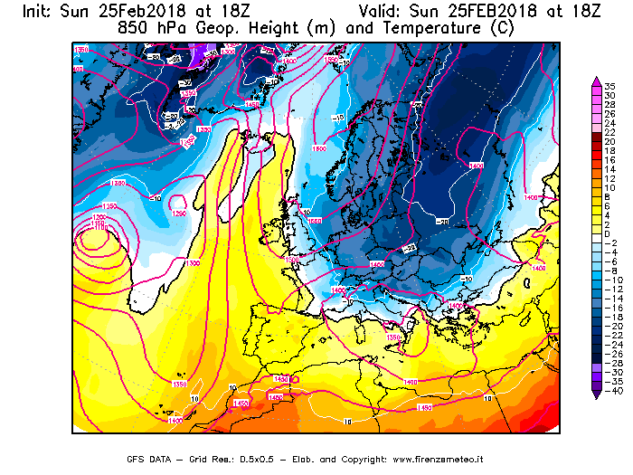 Mappa di analisi GFS - Geopotenziale [m] e Temperatura [°C] a 850 hPa in Europa
									del 25/02/2018 18 <!--googleoff: index-->UTC<!--googleon: index-->