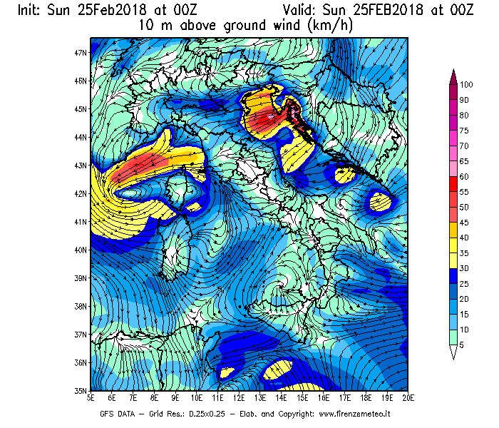 Mappa di analisi GFS - Velocità del vento a 10 metri dal suolo [km/h] in Italia
									del 25/02/2018 00 <!--googleoff: index-->UTC<!--googleon: index-->