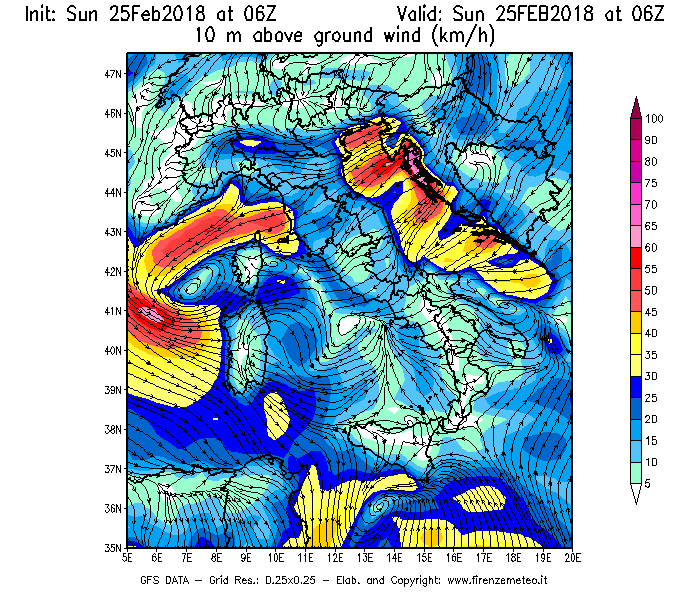 Mappa di analisi GFS - Velocità del vento a 10 metri dal suolo [km/h] in Italia
									del 25/02/2018 06 <!--googleoff: index-->UTC<!--googleon: index-->