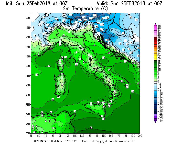 Mappa di analisi GFS - Temperatura a 2 metri dal suolo [°C] in Italia
									del 25/02/2018 00 <!--googleoff: index-->UTC<!--googleon: index-->