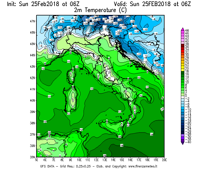 Mappa di analisi GFS - Temperatura a 2 metri dal suolo [°C] in Italia
									del 25/02/2018 06 <!--googleoff: index-->UTC<!--googleon: index-->