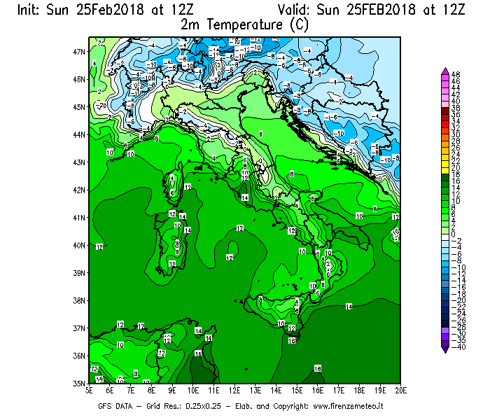 Mappa di analisi GFS - Temperatura a 2 metri dal suolo [°C] in Italia
									del 25/02/2018 12 <!--googleoff: index-->UTC<!--googleon: index-->