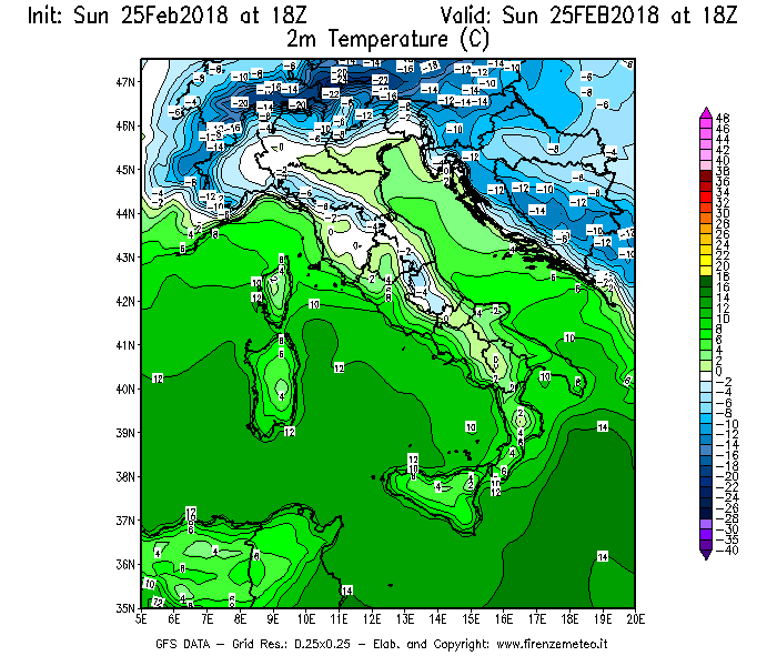 Mappa di analisi GFS - Temperatura a 2 metri dal suolo [°C] in Italia
									del 25/02/2018 18 <!--googleoff: index-->UTC<!--googleon: index-->