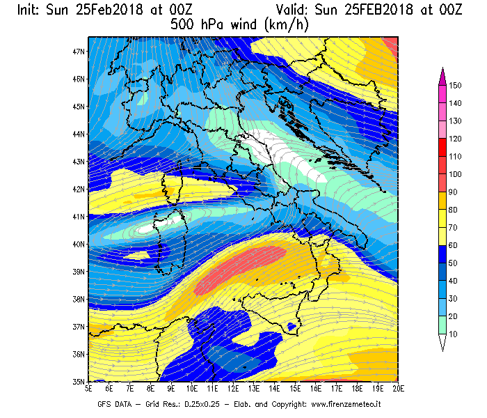 Mappa di analisi GFS - Velocità del vento a 500 hPa [km/h] in Italia
									del 25/02/2018 00 <!--googleoff: index-->UTC<!--googleon: index-->