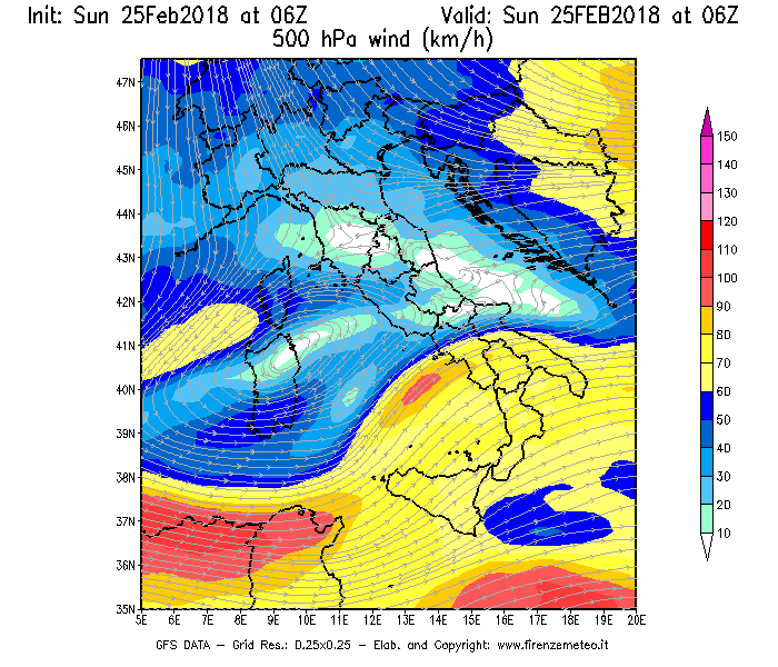 Mappa di analisi GFS - Velocità del vento a 500 hPa [km/h] in Italia
									del 25/02/2018 06 <!--googleoff: index-->UTC<!--googleon: index-->