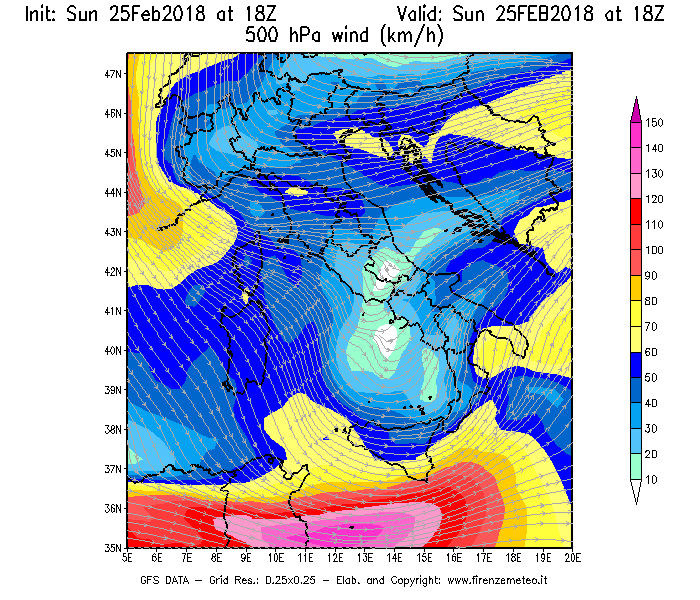 Mappa di analisi GFS - Velocità del vento a 500 hPa [km/h] in Italia
									del 25/02/2018 18 <!--googleoff: index-->UTC<!--googleon: index-->
