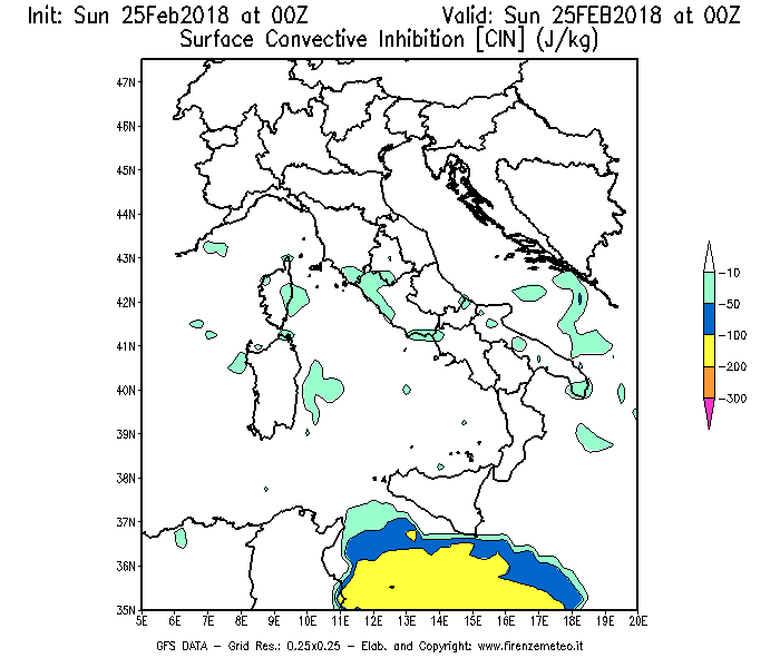 Mappa di analisi GFS - CIN [J/kg] in Italia
									del 25/02/2018 00 <!--googleoff: index-->UTC<!--googleon: index-->