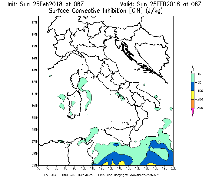 Mappa di analisi GFS - CIN [J/kg] in Italia
									del 25/02/2018 06 <!--googleoff: index-->UTC<!--googleon: index-->