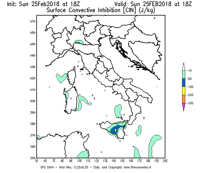 Mappa di analisi GFS - CIN [J/kg] in Italia
									del 25/02/2018 18 <!--googleoff: index-->UTC<!--googleon: index-->