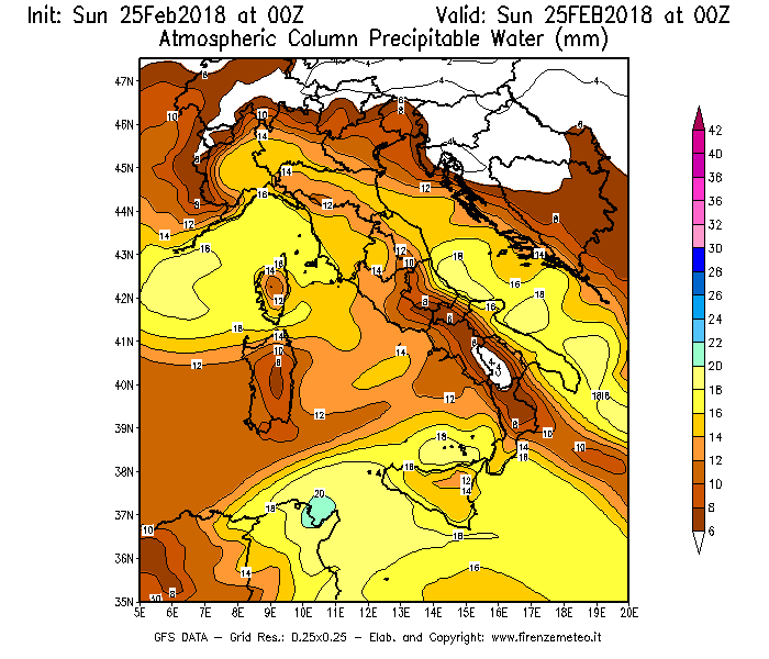 Mappa di analisi GFS - Precipitable Water [mm] in Italia
									del 25/02/2018 00 <!--googleoff: index-->UTC<!--googleon: index-->
