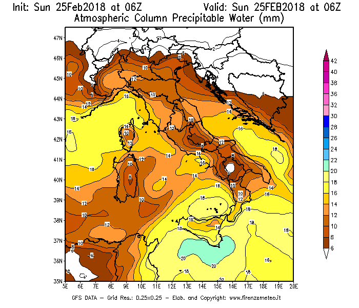 Mappa di analisi GFS - Precipitable Water [mm] in Italia
									del 25/02/2018 06 <!--googleoff: index-->UTC<!--googleon: index-->