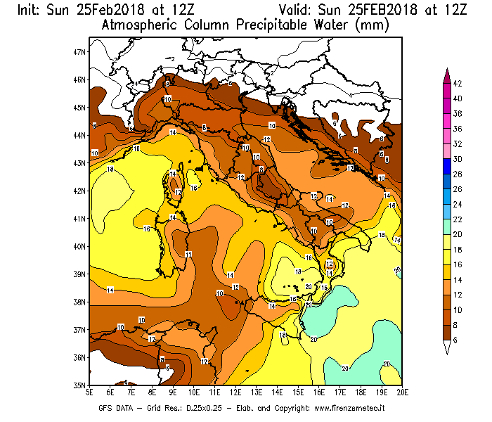 Mappa di analisi GFS - Precipitable Water [mm] in Italia
									del 25/02/2018 12 <!--googleoff: index-->UTC<!--googleon: index-->