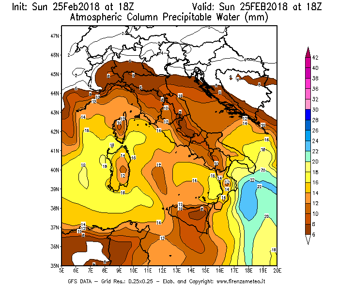 Mappa di analisi GFS - Precipitable Water [mm] in Italia
									del 25/02/2018 18 <!--googleoff: index-->UTC<!--googleon: index-->