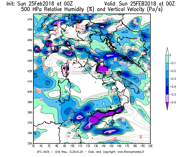 Mappa di analisi GFS - Umidità relativa [%] e Omega [Pa/s] a 500 hPa in Italia
									del 25/02/2018 00 <!--googleoff: index-->UTC<!--googleon: index-->