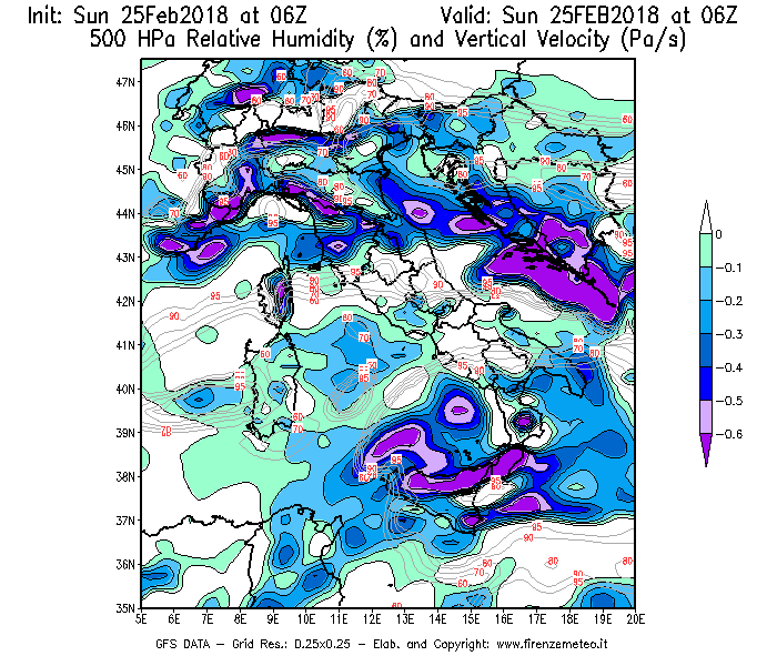 Mappa di analisi GFS - Umidità relativa [%] e Omega [Pa/s] a 500 hPa in Italia
									del 25/02/2018 06 <!--googleoff: index-->UTC<!--googleon: index-->