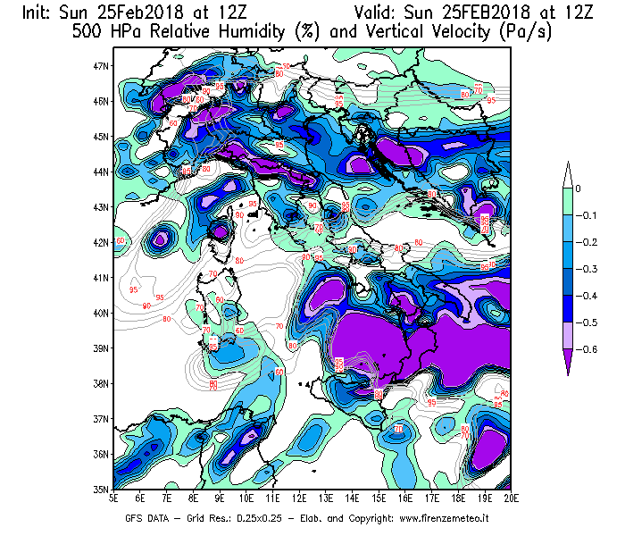 Mappa di analisi GFS - Umidità relativa [%] e Omega [Pa/s] a 500 hPa in Italia
									del 25/02/2018 12 <!--googleoff: index-->UTC<!--googleon: index-->