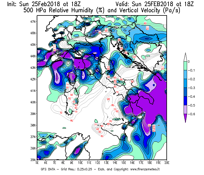 Mappa di analisi GFS - Umidità relativa [%] e Omega [Pa/s] a 500 hPa in Italia
									del 25/02/2018 18 <!--googleoff: index-->UTC<!--googleon: index-->