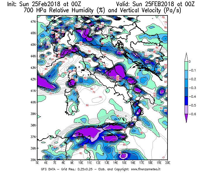 Mappa di analisi GFS - Umidità relativa [%] e Omega [Pa/s] a 700 hPa in Italia
									del 25/02/2018 00 <!--googleoff: index-->UTC<!--googleon: index-->