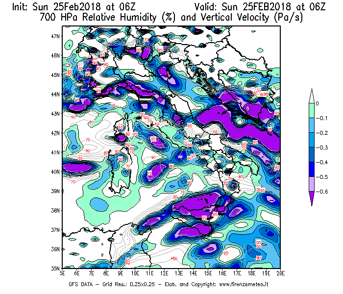 Mappa di analisi GFS - Umidità relativa [%] e Omega [Pa/s] a 700 hPa in Italia
									del 25/02/2018 06 <!--googleoff: index-->UTC<!--googleon: index-->