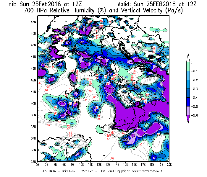Mappa di analisi GFS - Umidità relativa [%] e Omega [Pa/s] a 700 hPa in Italia
									del 25/02/2018 12 <!--googleoff: index-->UTC<!--googleon: index-->