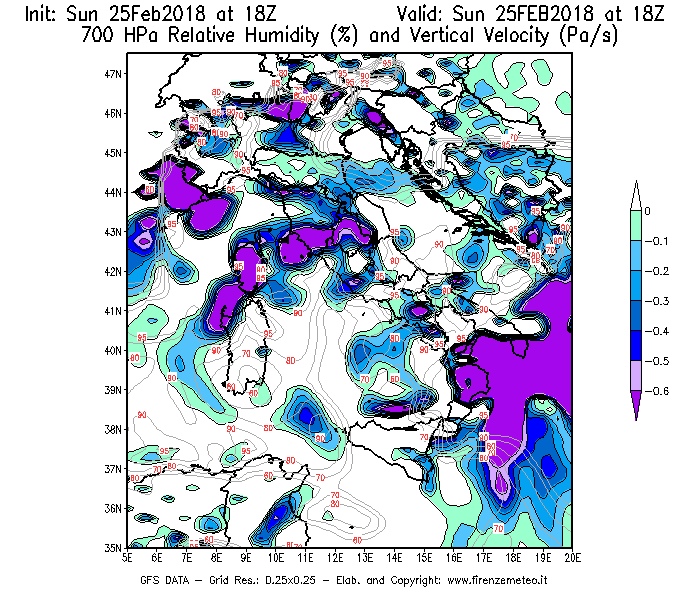 Mappa di analisi GFS - Umidità relativa [%] e Omega [Pa/s] a 700 hPa in Italia
									del 25/02/2018 18 <!--googleoff: index-->UTC<!--googleon: index-->