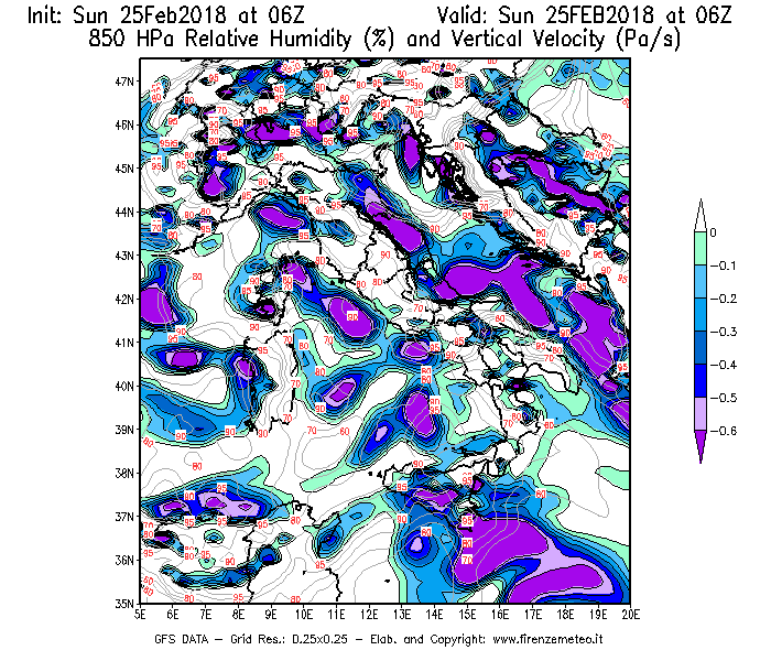 Mappa di analisi GFS - Umidità relativa [%] e Omega [Pa/s] a 850 hPa in Italia
									del 25/02/2018 06 <!--googleoff: index-->UTC<!--googleon: index-->