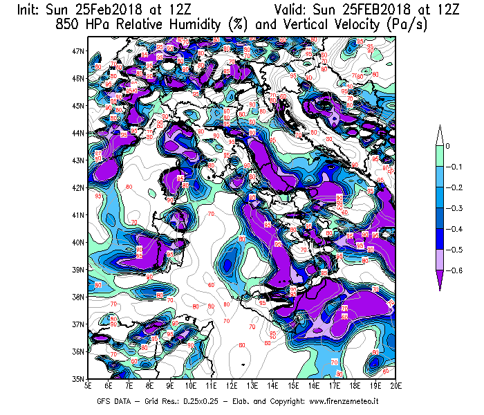 Mappa di analisi GFS - Umidità relativa [%] e Omega [Pa/s] a 850 hPa in Italia
									del 25/02/2018 12 <!--googleoff: index-->UTC<!--googleon: index-->